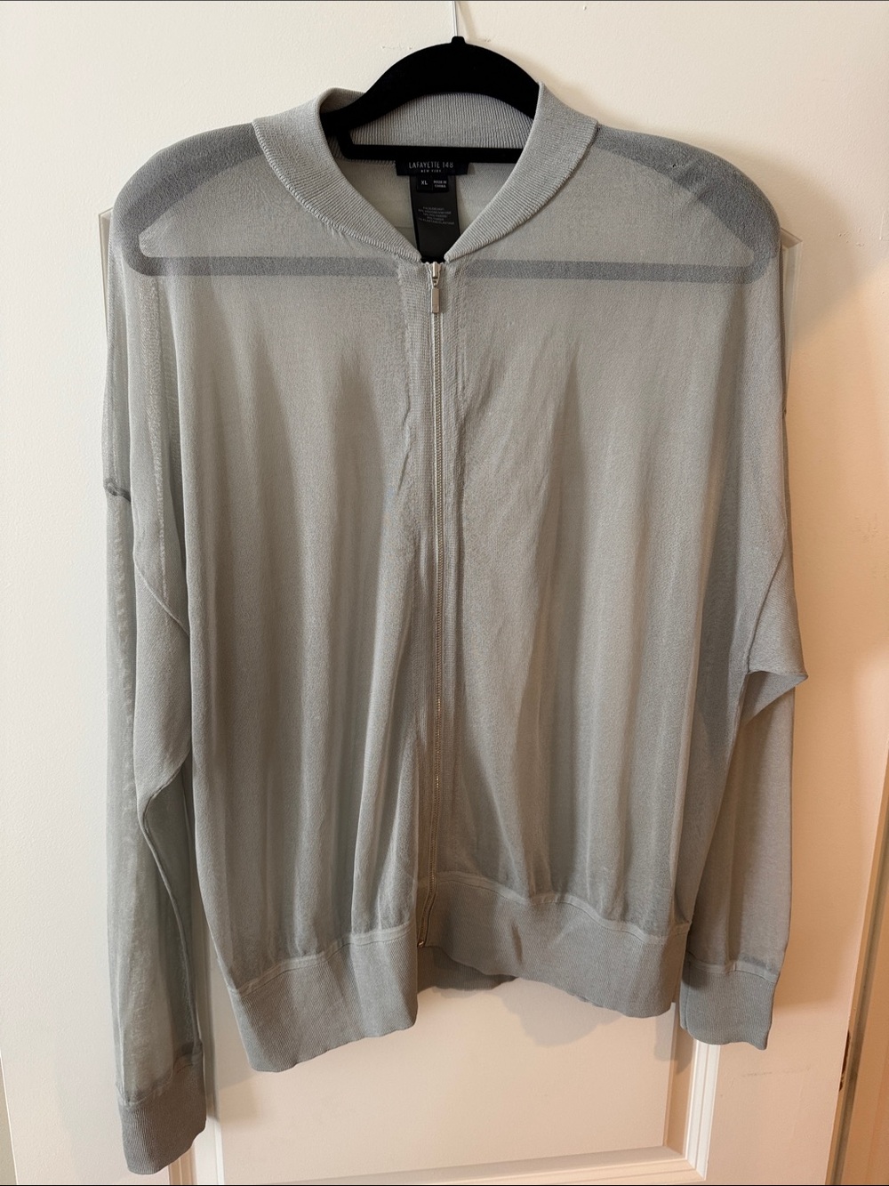 Lafayette 148 New York Light Gray Zip-Up Bomber Sweater